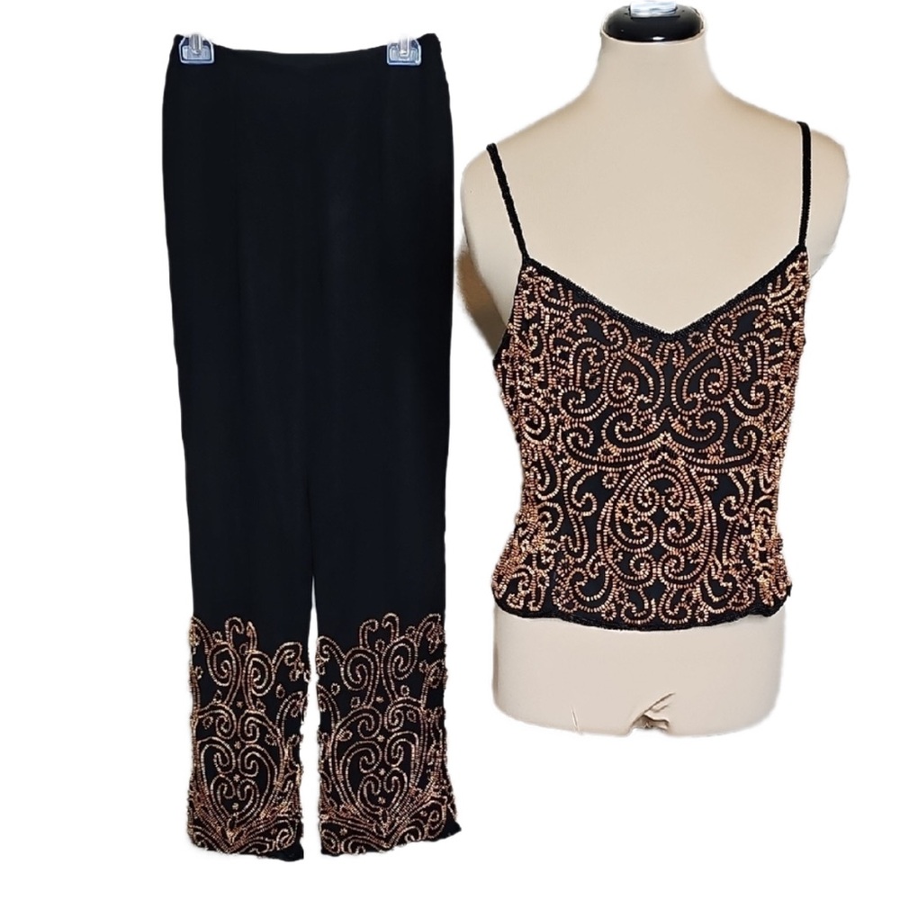 Cache Black and Gold Beaded Pants and Top Set- Silk!